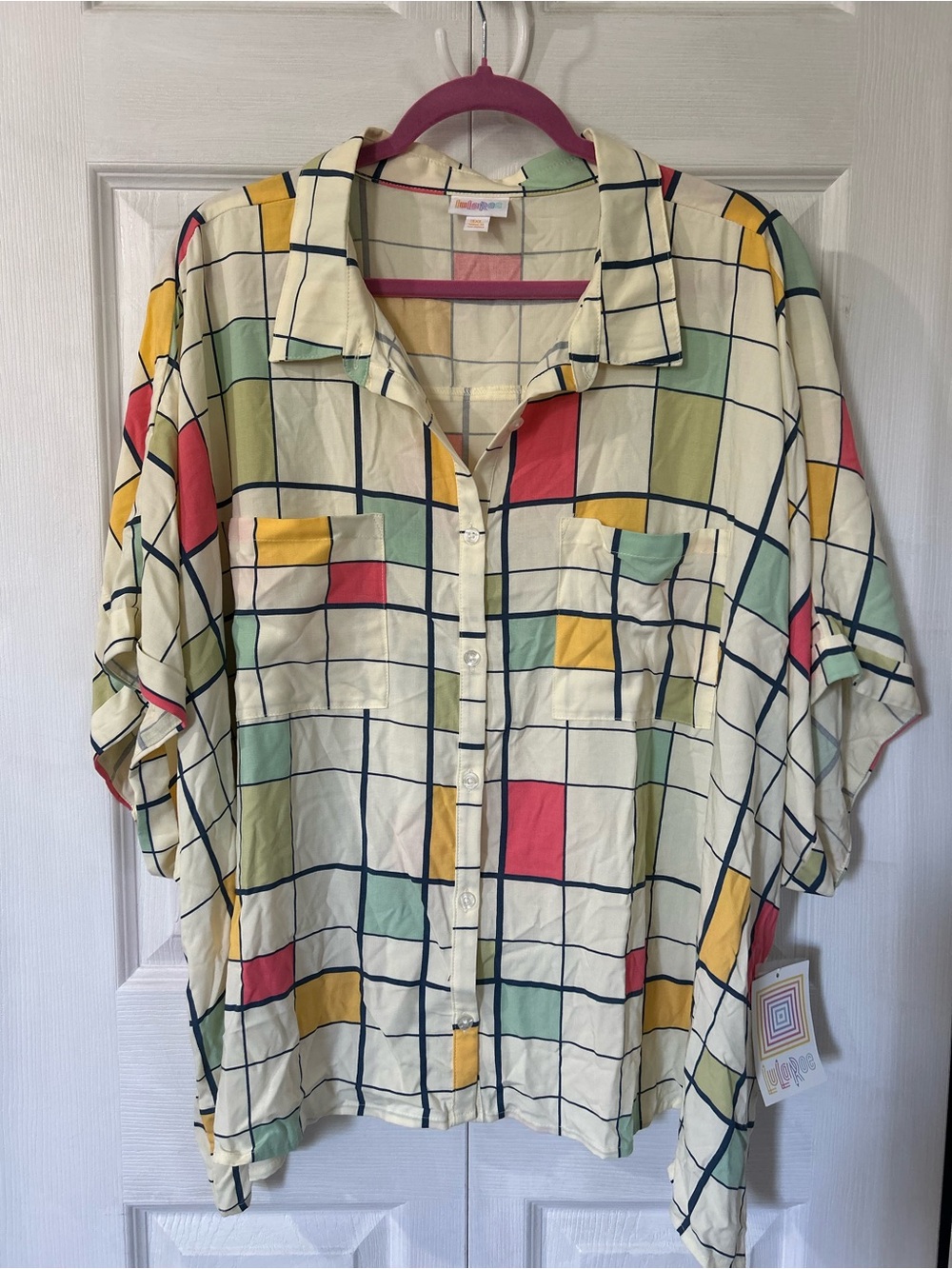 LuLaRoe Pastel Grid Button-Up with Color Blocks size 3XL